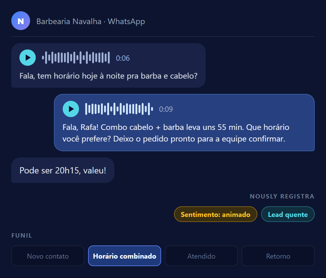 Conversa de exemplo: cliente pede horário por áudio e o agente responde em áudio, com sentimento e etapa do funil.